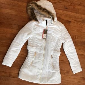 SOLD: NWT White Parka with Faux Fur Trimmed Hood